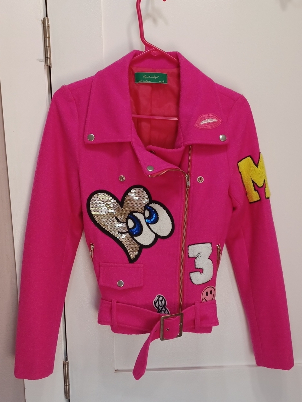 UNIQUE Hot Pink Motorcycle Jacket Collegiate Letter Patches Sequins Heart Lips
